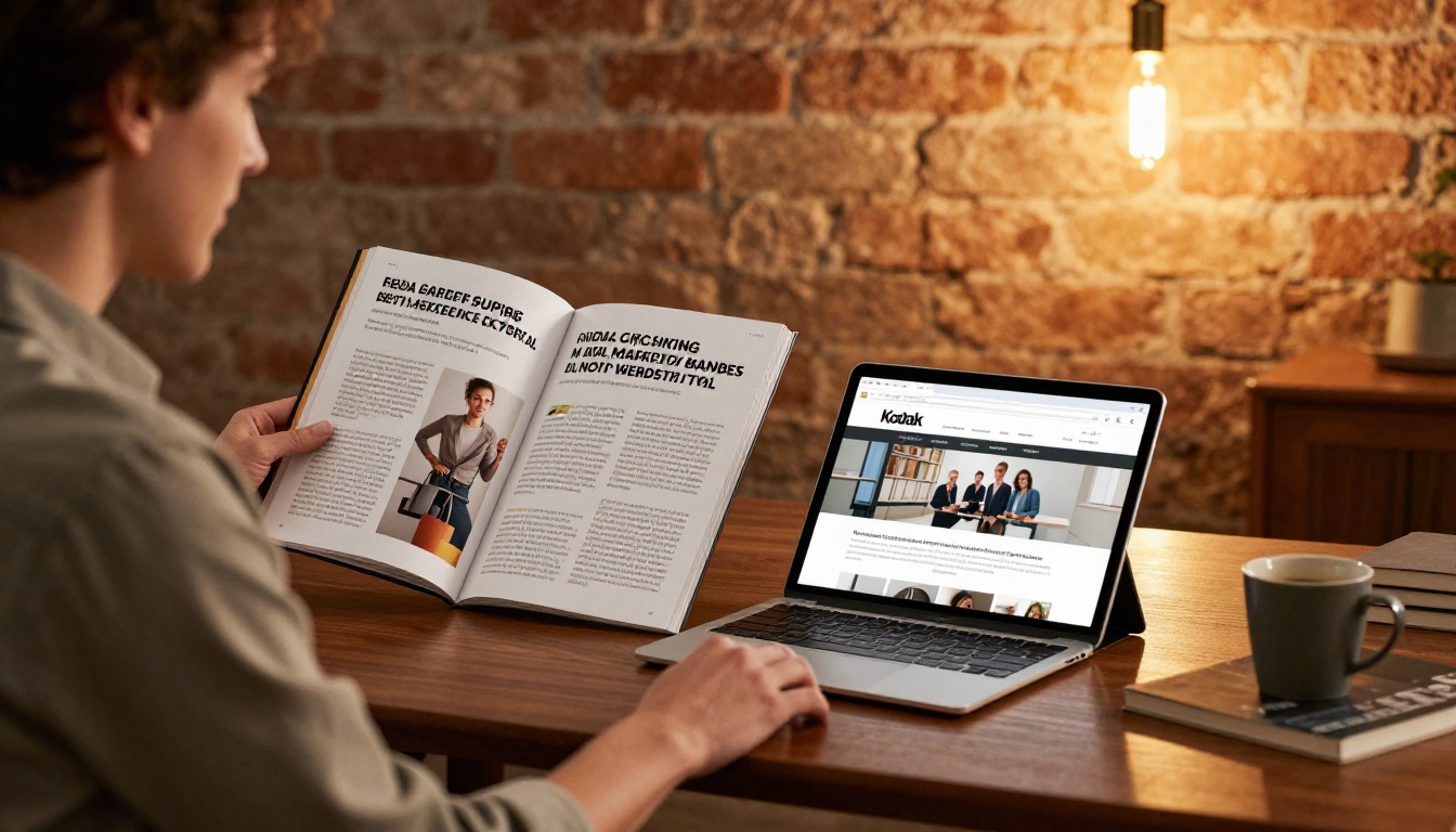 Marketing consultant comparing flipbook and website brand collateral at a modern desk