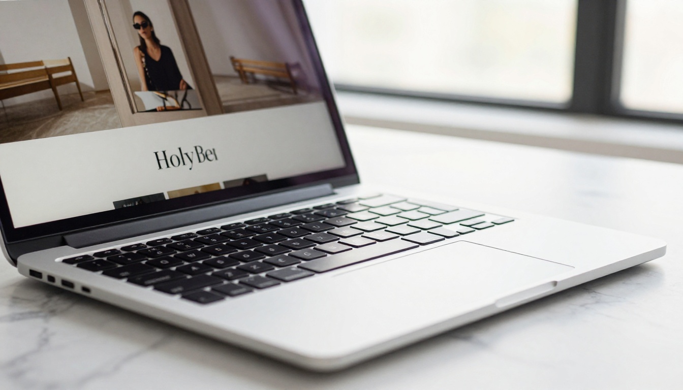 Close-up of a clean brand website on a laptop displayed on a marble desk