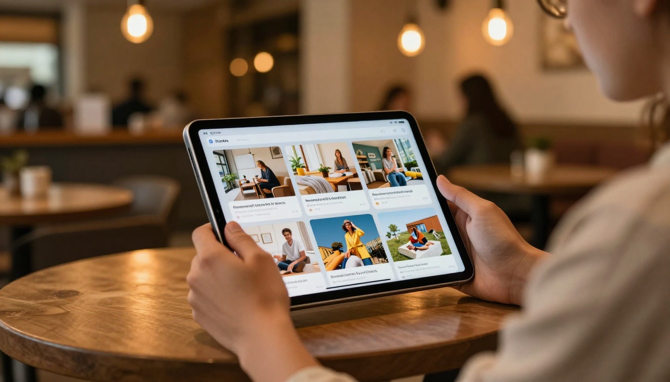 Person swiping through an interactive digital flipbook on a tablet in a cozy cafe