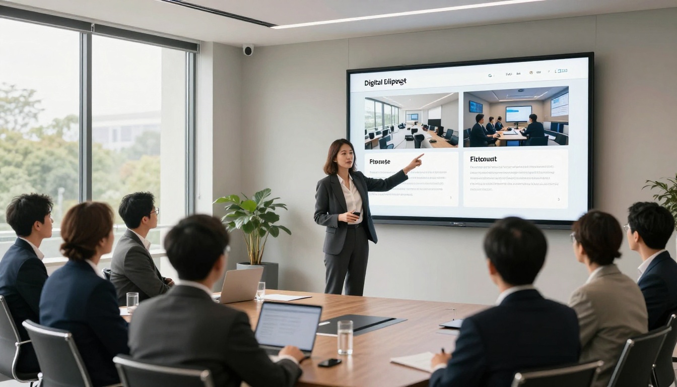 Business presentation showing flipbook vs website comparison in a conference room