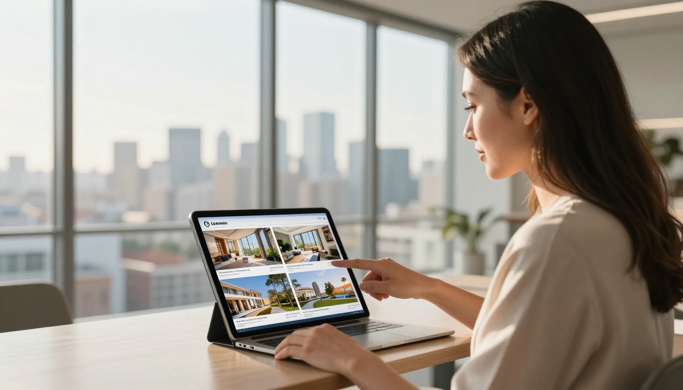 Real estate agent in sunlit office presenting a luxury property flipbook on tablet