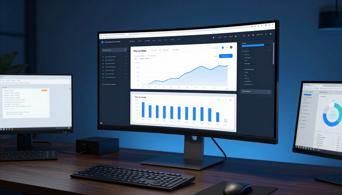 Marketing professional examining content analytics dashboard on a large curved monitor