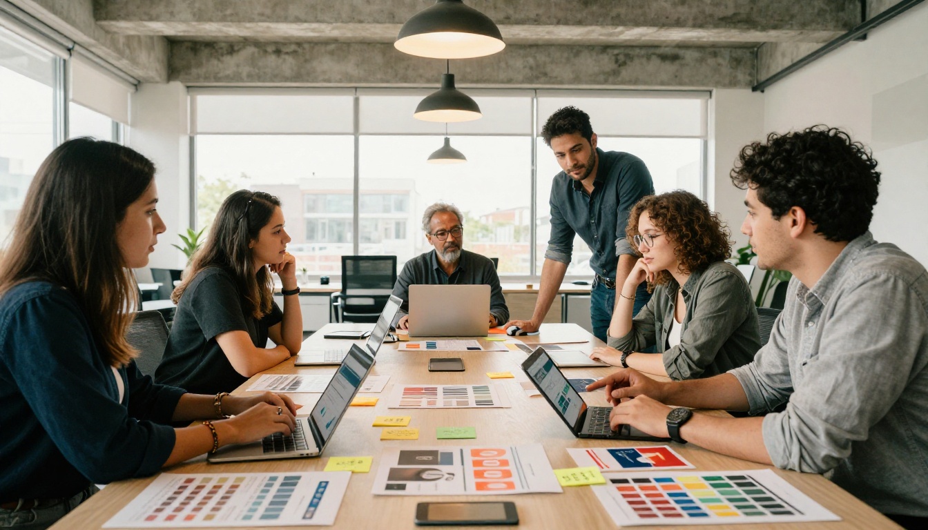Diverse marketing team collaborating over brand materials and digital content in a modern office