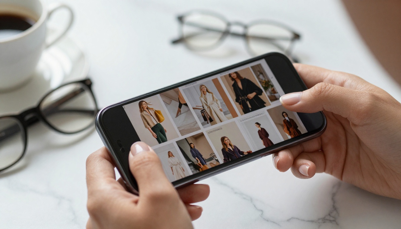 Elegant female hands holding a smartphone displaying a fashion lookbook flipbook with page-flip animation
