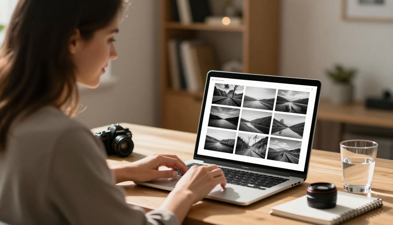 A female photographer reviews her photography portfolio on a sleek laptop in a minimalist home office with warm natural daylight A female photographer reviews her photography portfolio on a sleek laptop in a minimalist home office with warm natural daylight