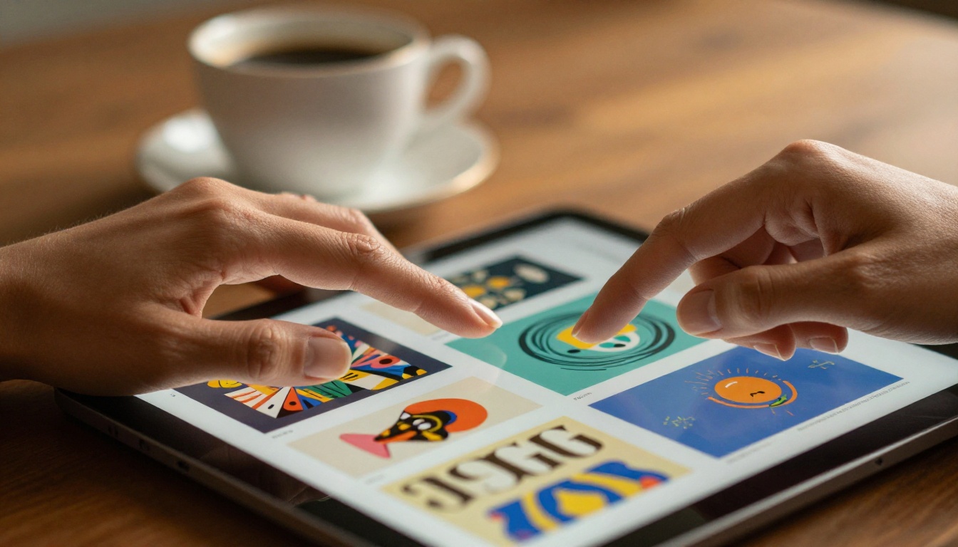 Extreme close-up of hands scrolling through an interactive portfolio on a tablet with warm morning light and bokeh background Extreme close-up of hands scrolling through an interactive portfolio on a tablet with warm morning light and bokeh background
