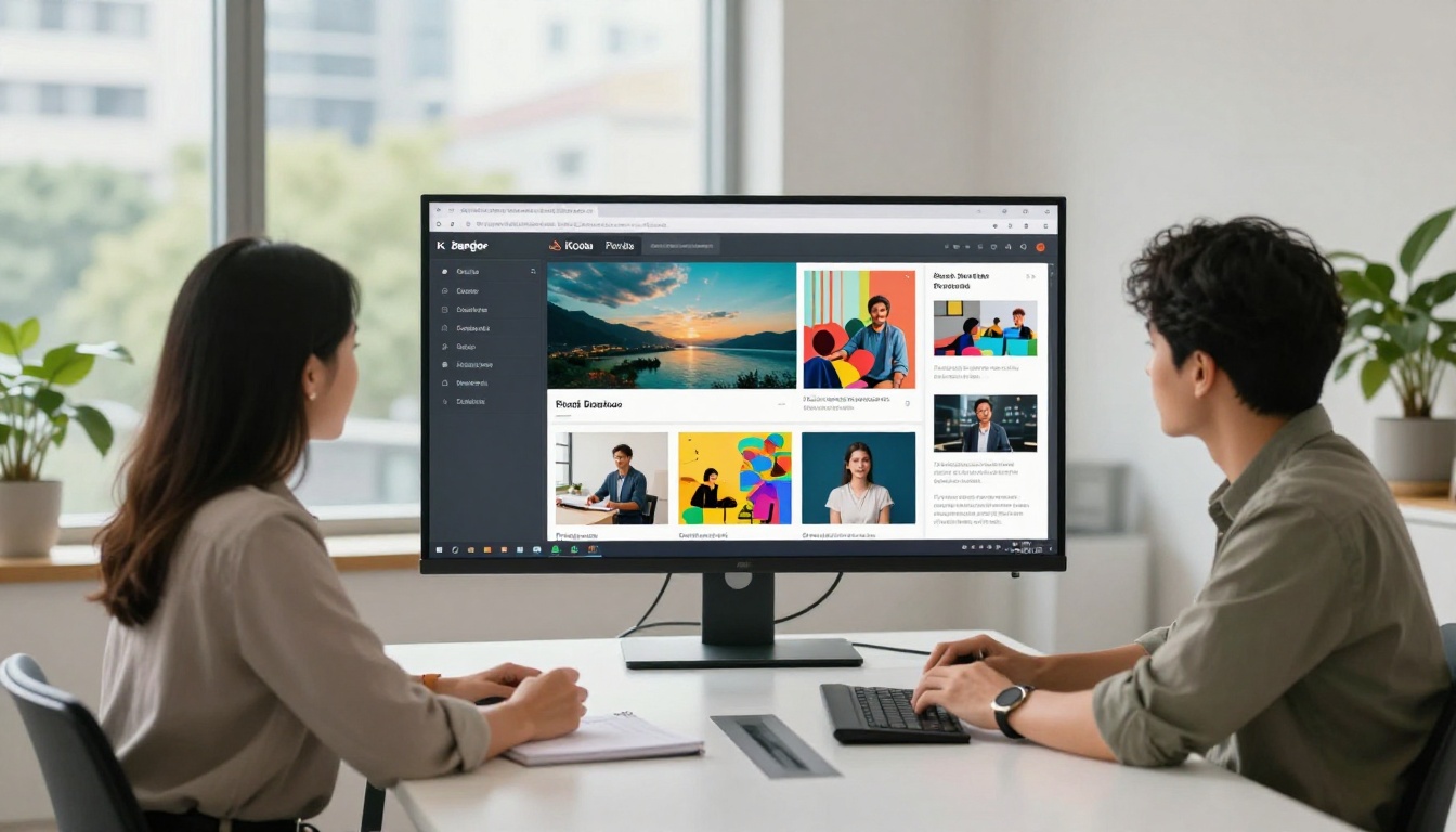 A confident graphic designer presents her interactive portfolio to a client across a white conference table in a bright modern office A confident graphic designer presents her interactive portfolio to a client across a white conference table in a bright modern office