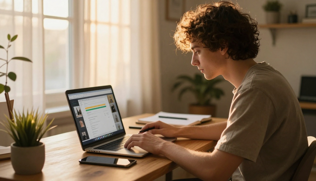 A young male creative freelancer uploads design files to an online portfolio platform on his laptop in a cozy home studio with golden afternoon light A young male creative freelancer uploads design files to an online portfolio platform on his laptop in a cozy home studio with golden afternoon light