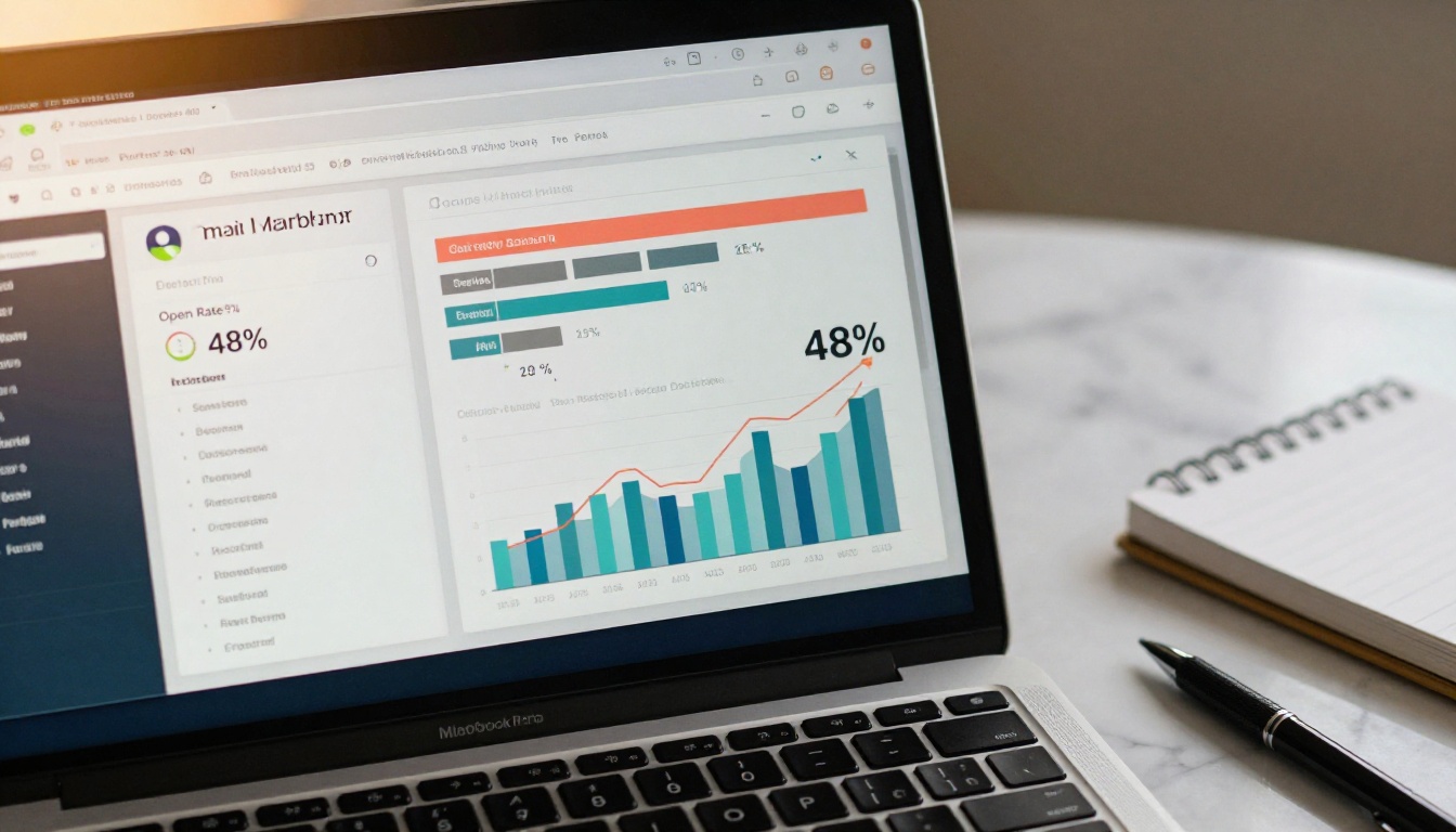 Email analytics dashboard on laptop screen showing open rates and click-through metrics