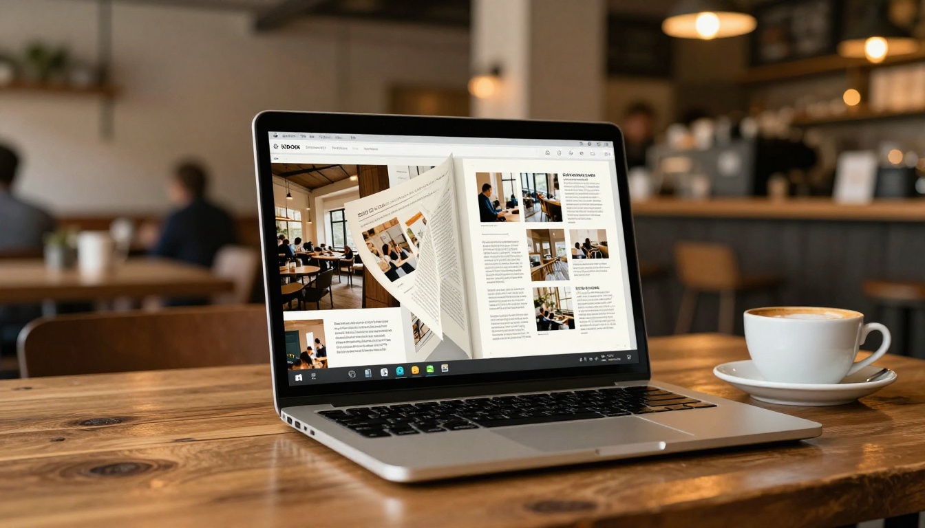 A laptop on a rustic cafe table displays a digital flipbook portfolio with pages flipping open mid-transition, warm bokeh lights in the background A laptop on a rustic cafe table displays a digital flipbook portfolio with pages flipping open mid-transition, warm bokeh lights in the background