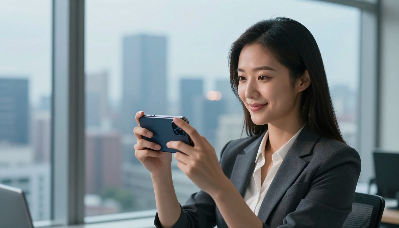 A young professional Asian woman smiles as she reviews her completed interactive portfolio on a smartphone near an office window with a blurred city view A young professional Asian woman smiles as she reviews her completed interactive portfolio on a smartphone near an office window with a blurred city view