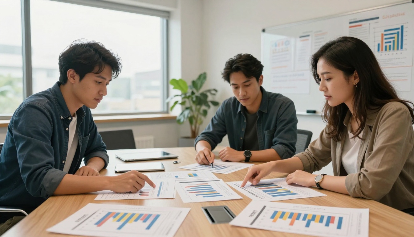 Two marketing professionals reviewing printed email campaign comparison reports at a conference table