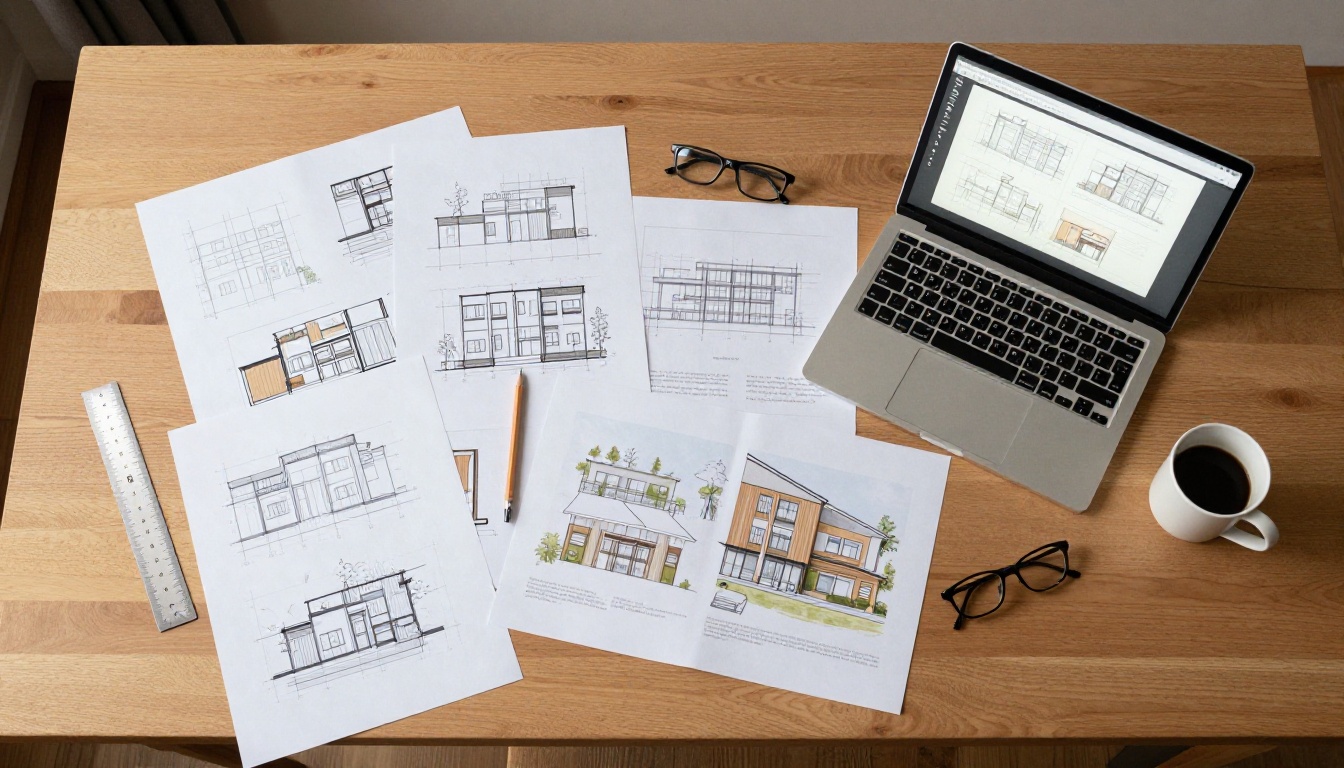 Top-down flat lay of an architect's drafting desk showing printed portfolio pages alongside an open laptop displaying the digital interactive version Top-down flat lay of an architect's drafting desk showing printed portfolio pages alongside an open laptop displaying the digital interactive version