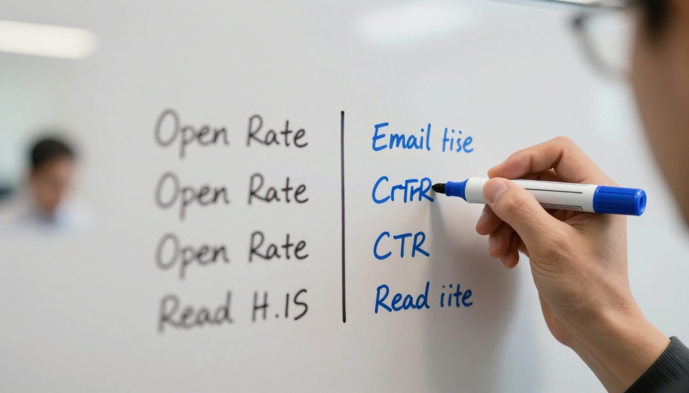 Whiteboard showing hand-drawn email format comparison charts with two columns and metric data