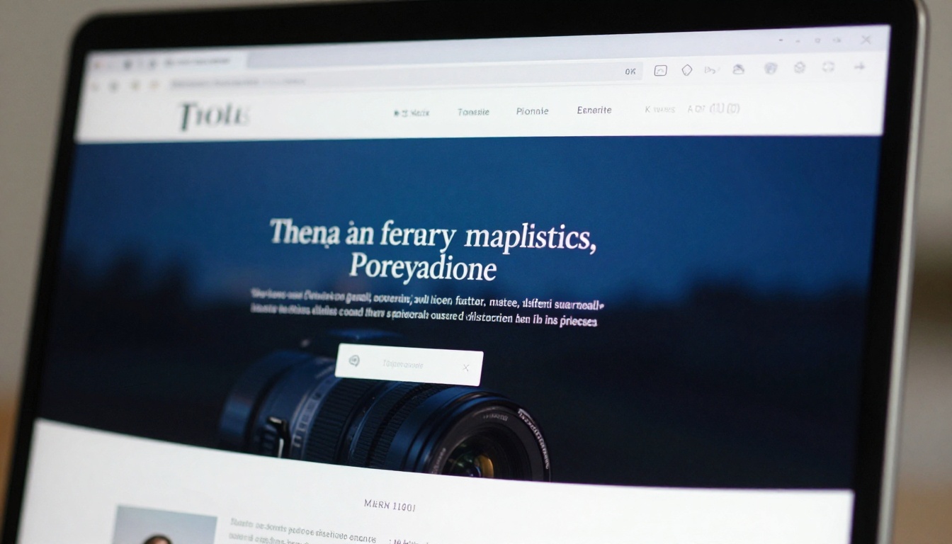 Close-up of a high-resolution monitor displaying a beautifully crafted portfolio page with elegant typography and a stunning hero photograph Close-up of a high-resolution monitor displaying a beautifully crafted portfolio page with elegant typography and a stunning hero photograph