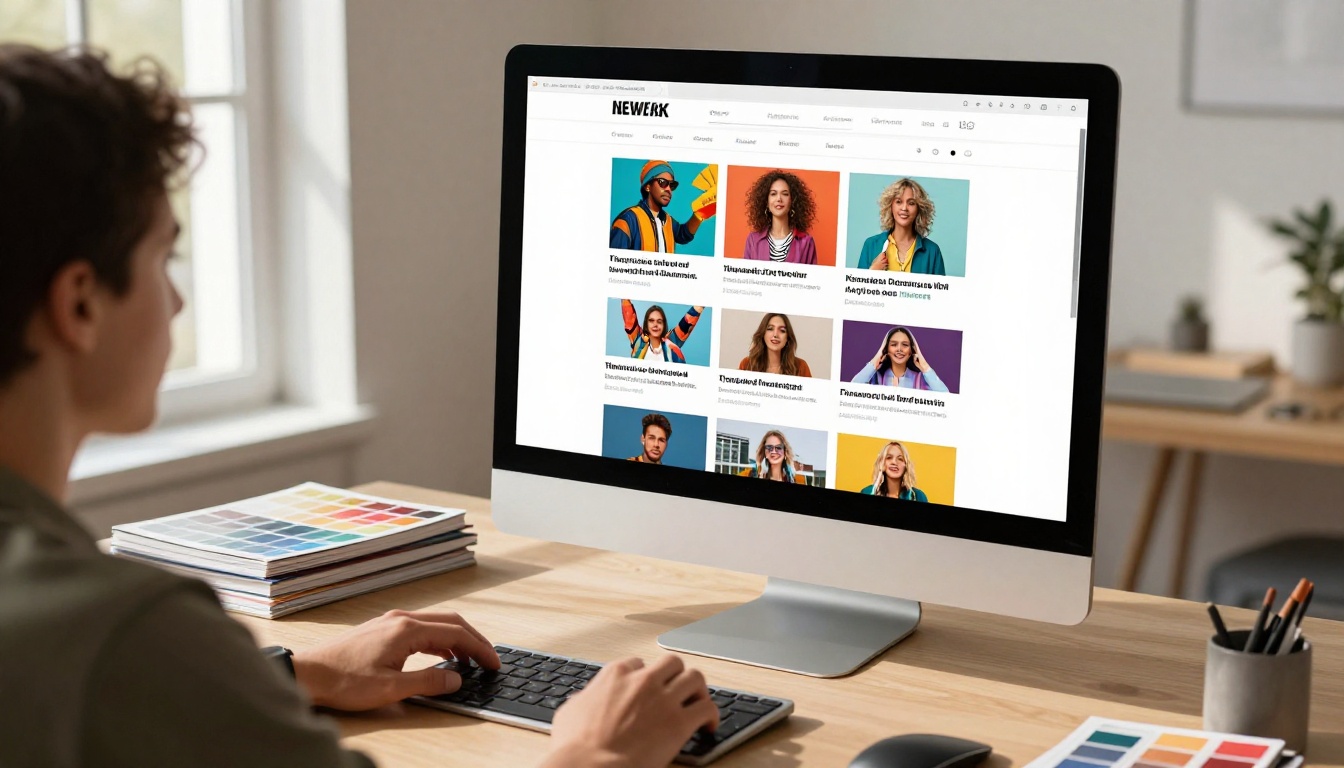 Designer with short dark hair working at a large iMac creating a newsletter flipbook