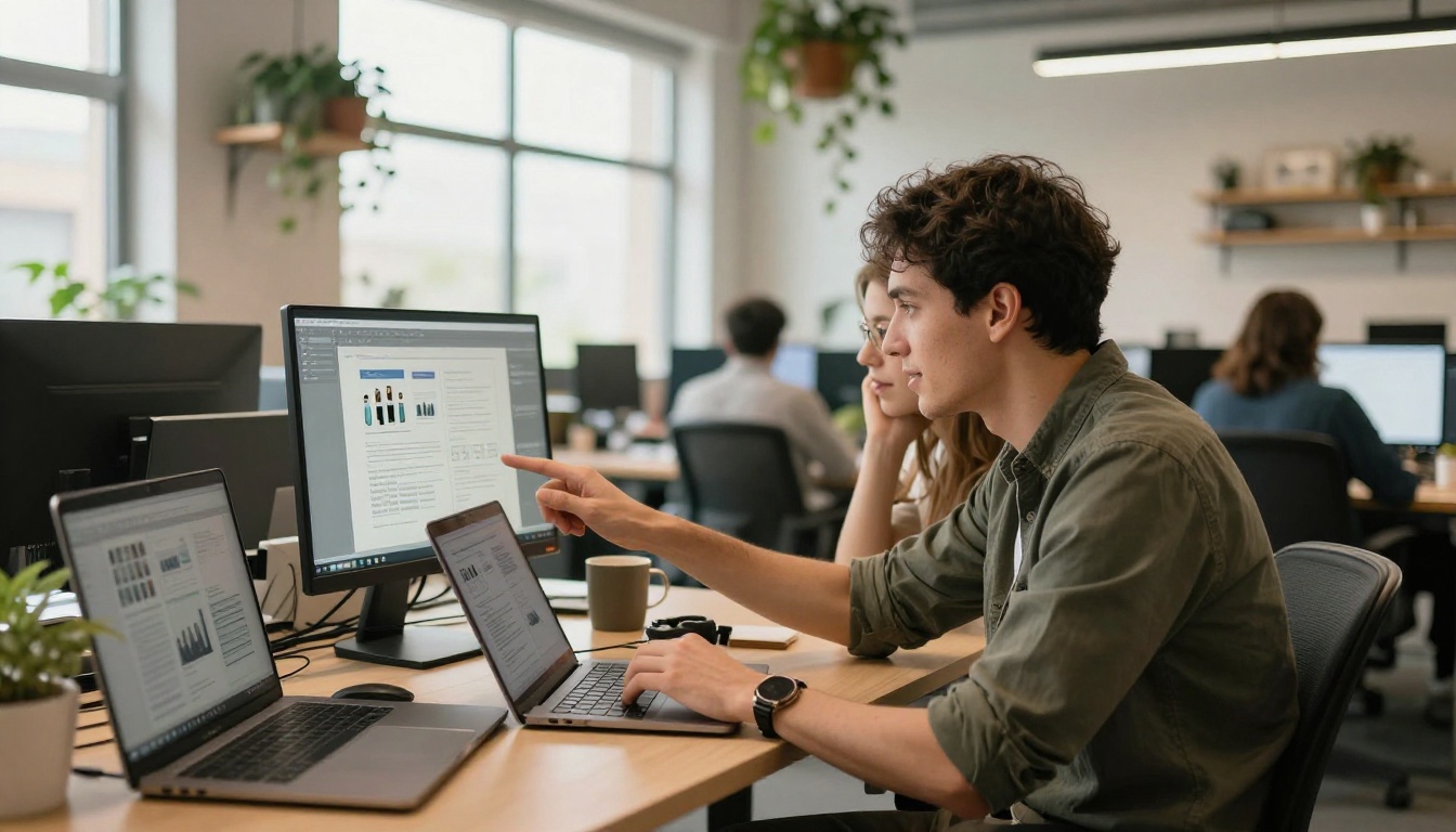 Two creative professionals collaborate on portfolio design at adjacent desks in a bright open-plan office with natural light and indoor plants Two creative professionals collaborate on portfolio design at adjacent desks in a bright open-plan office with natural light and indoor plants