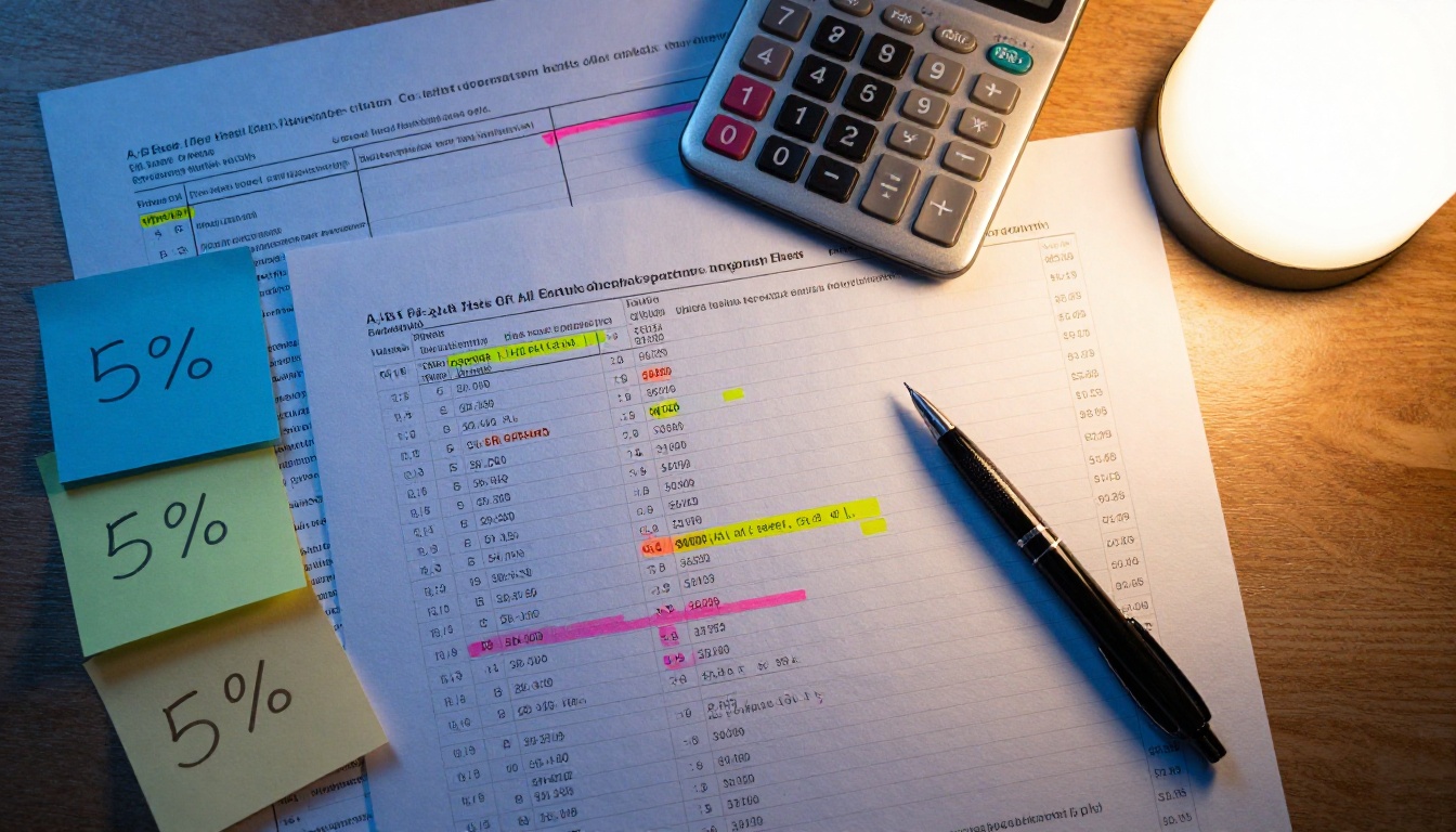 Overhead view of A/B test email campaign comparison reports with highlighted ROI metrics on a desk