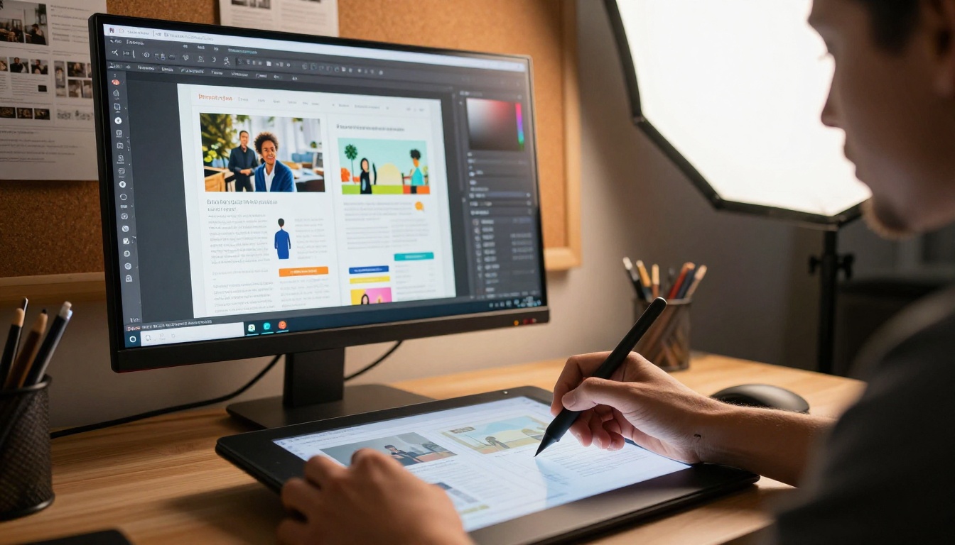 Graphic designer working on colorful interactive newsletter pages using a stylus drawing tablet