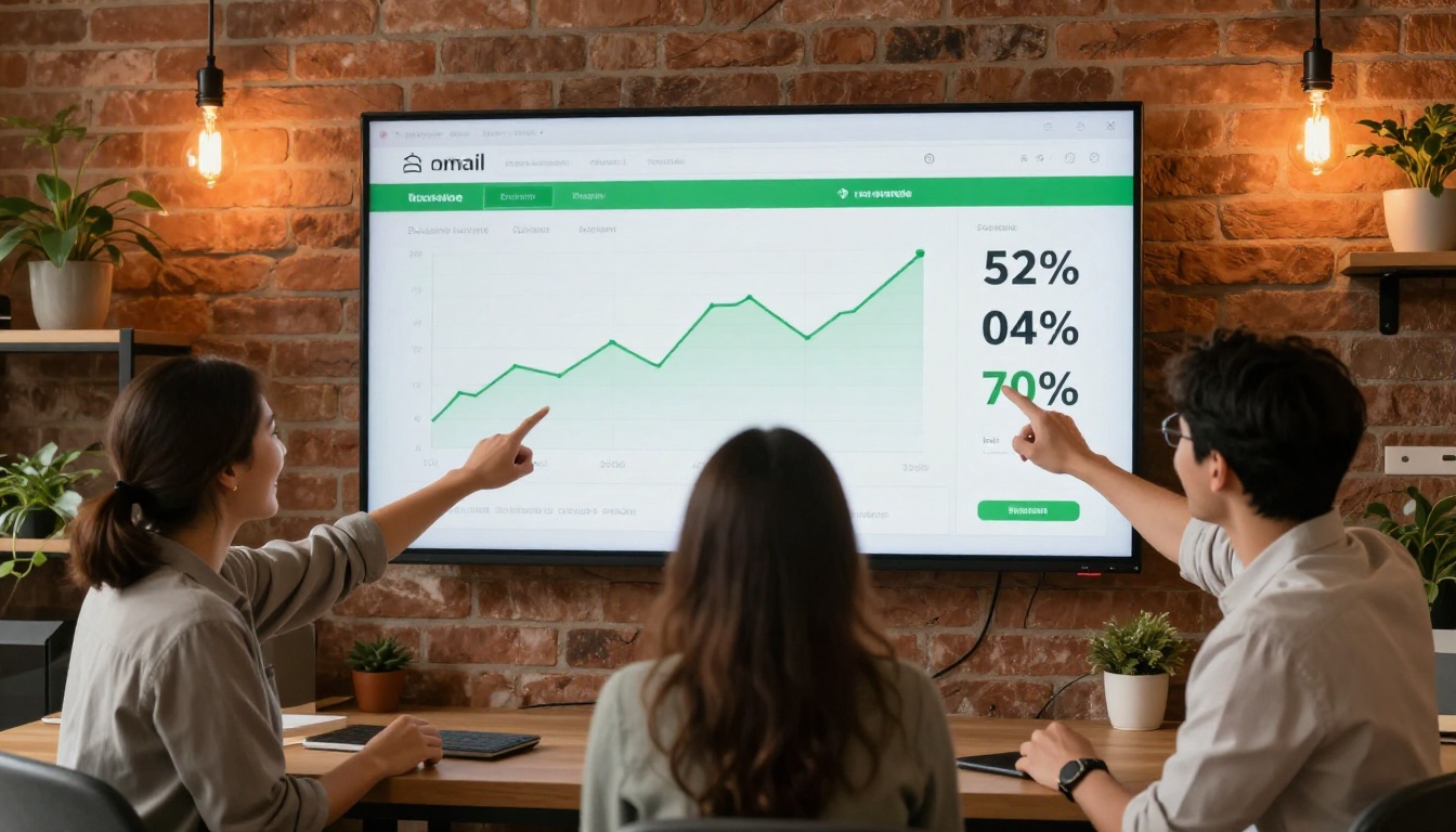 Small marketing team celebrating email campaign success metrics in front of a wall-mounted monitor