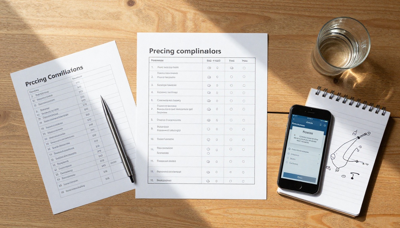 Pricing comparison flat-lay on wooden desk Pricing comparison flat-lay on wooden desk