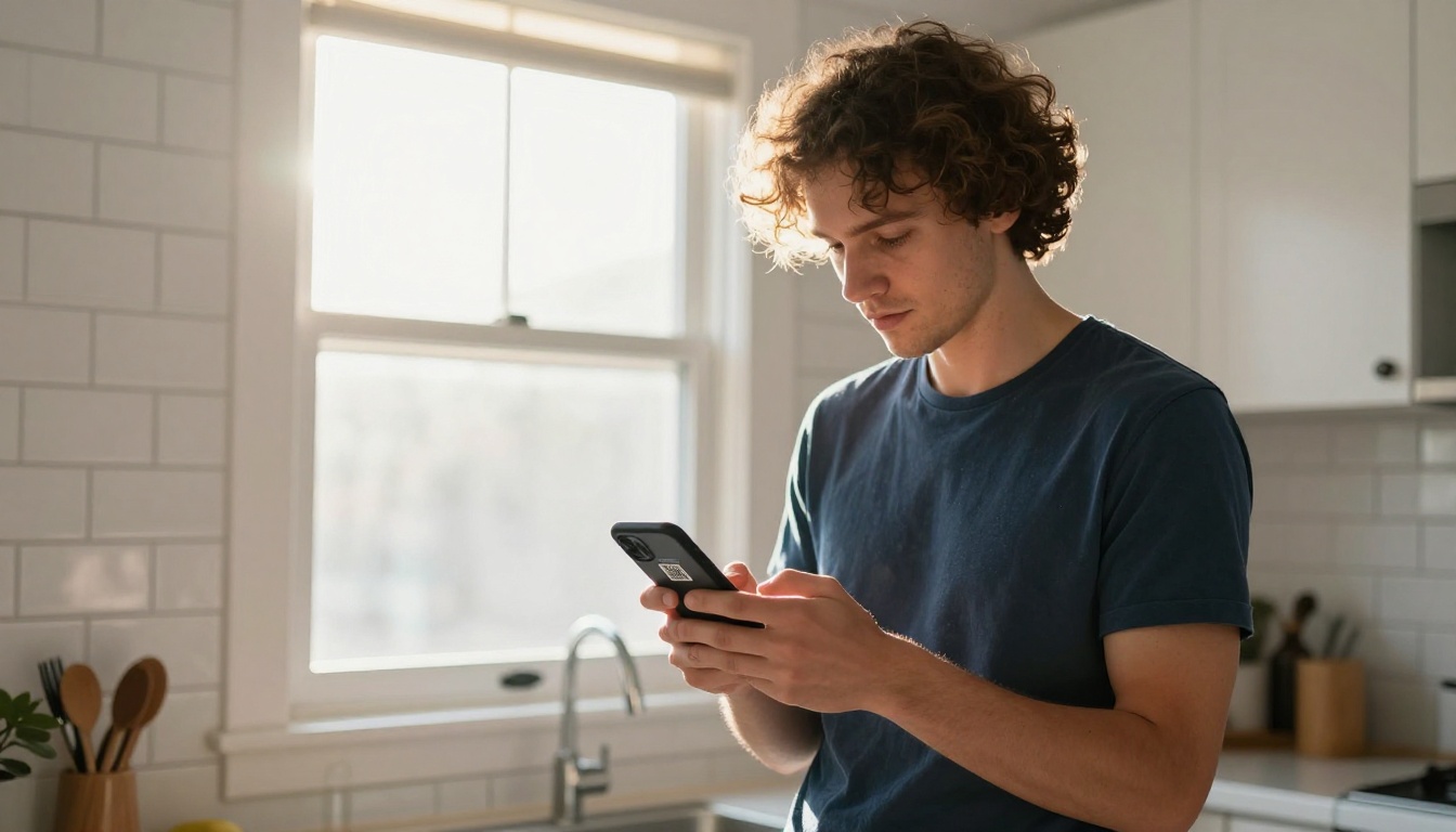 Man sharing flipbook link on smartphone in kitchen Man sharing flipbook link on smartphone in kitchen