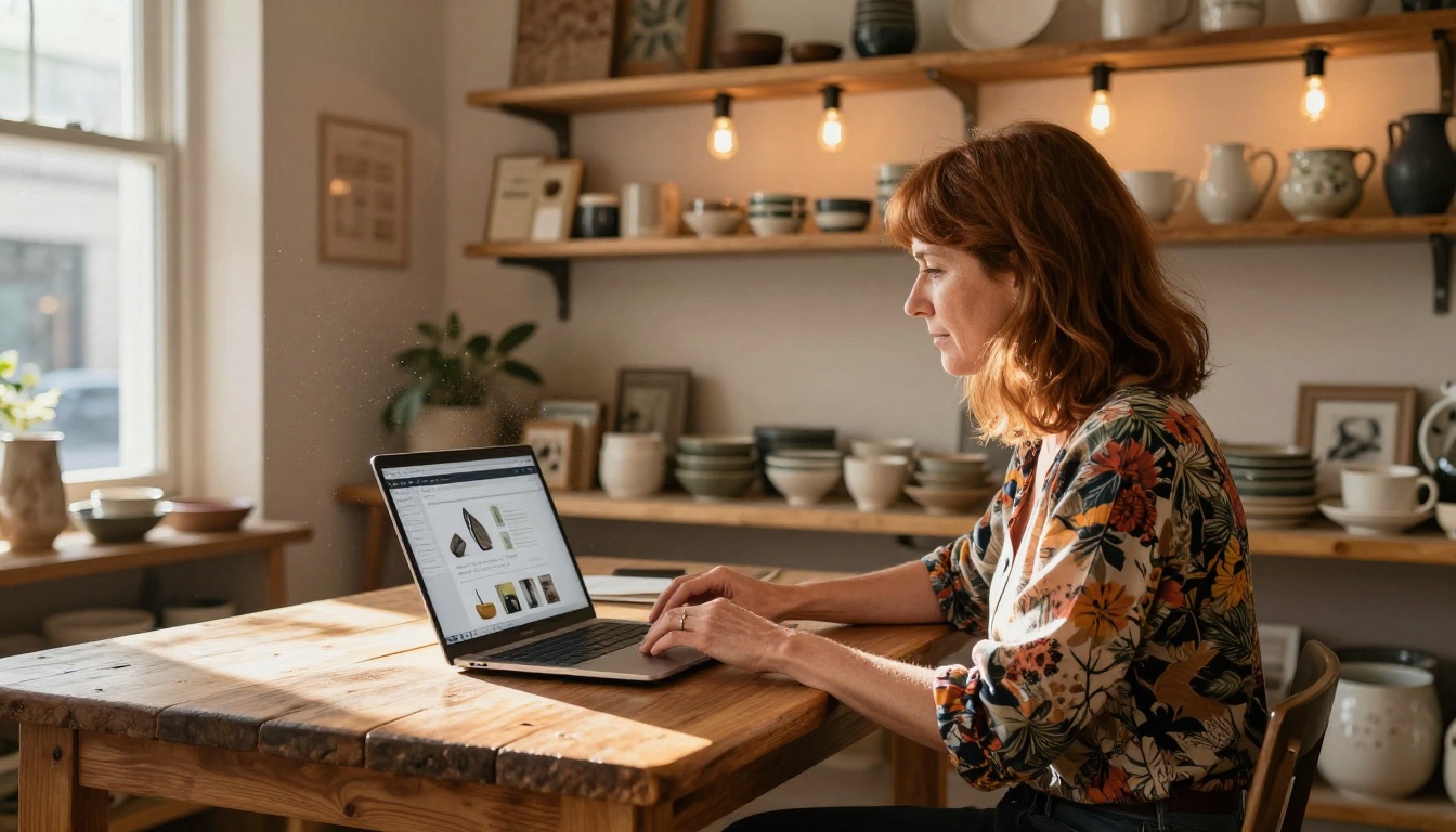 Small business owner using flipbook on laptop in boutique Small business owner using flipbook on laptop in boutique