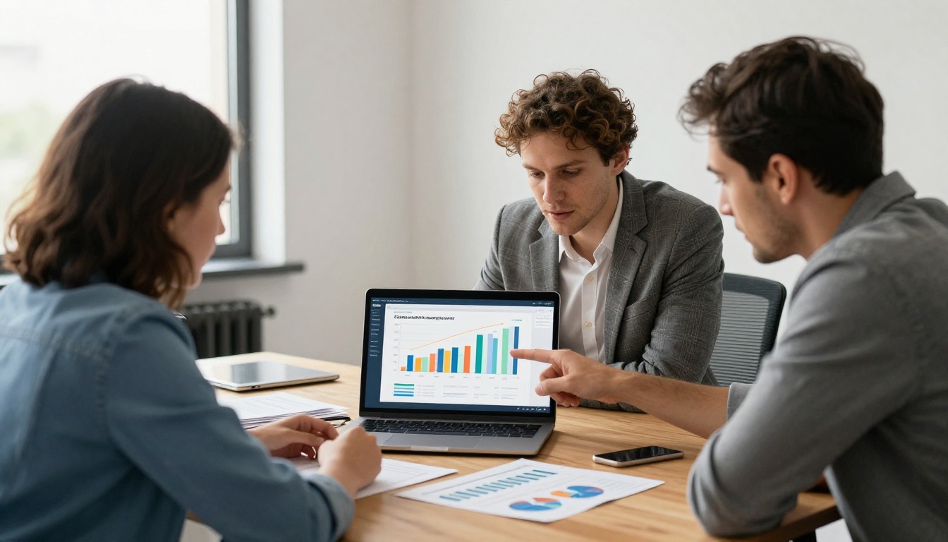 Marketing team reviewing conversion data and document performance