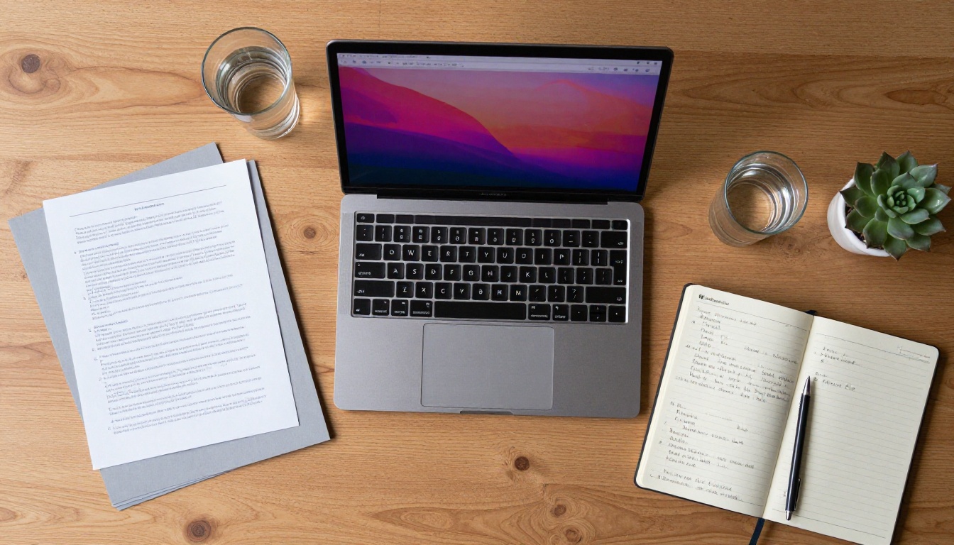 Overhead desk view showing laptop with flipbook and printed PDF stack