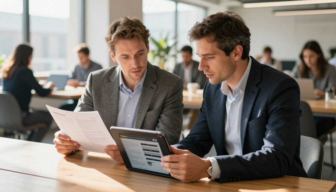 Two professionals comparing PDF document and interactive flipbook on tablet