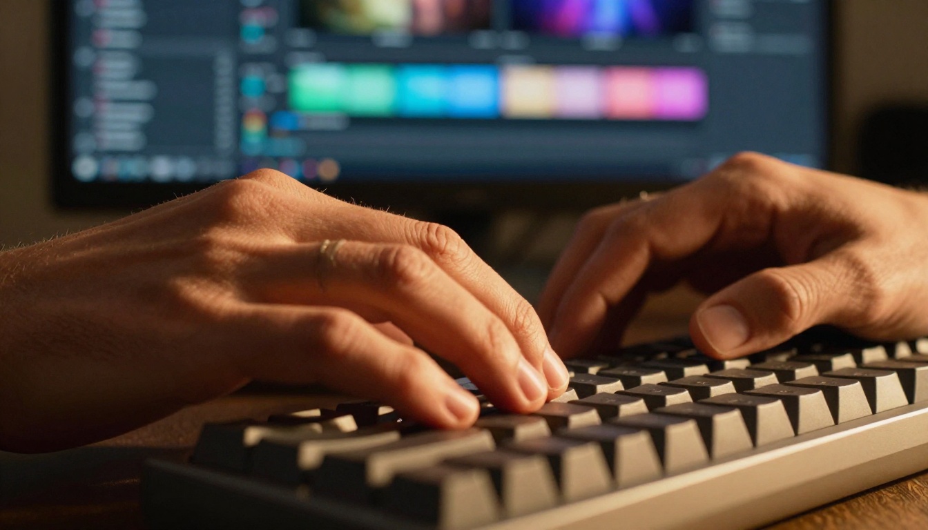 A content creator working at a professional multi-monitor setup with AI video timelines displayed on screen