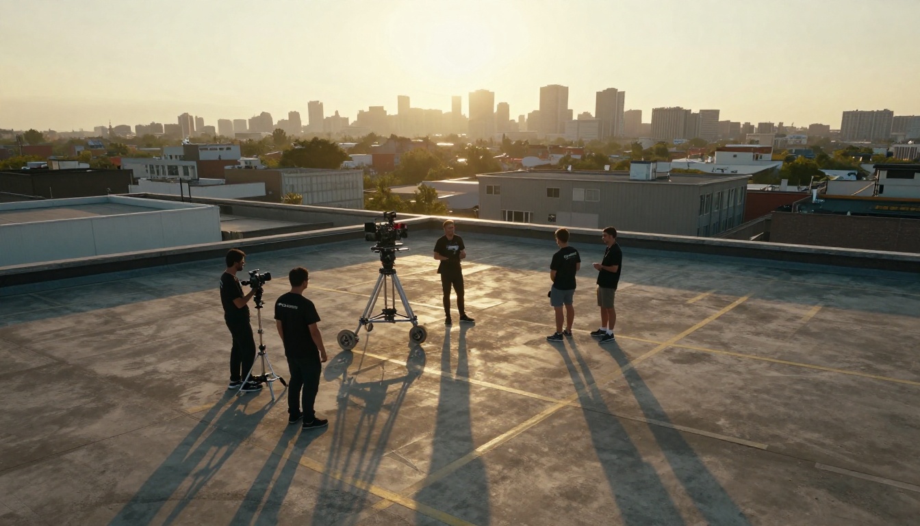 Professional film production set aerial view during golden hour