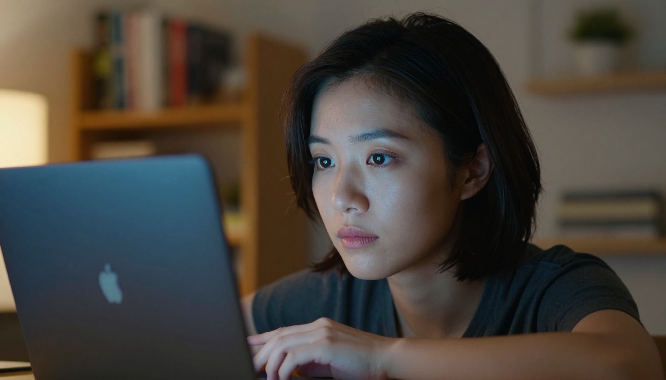 Young woman creator watching video content on laptop in home studio