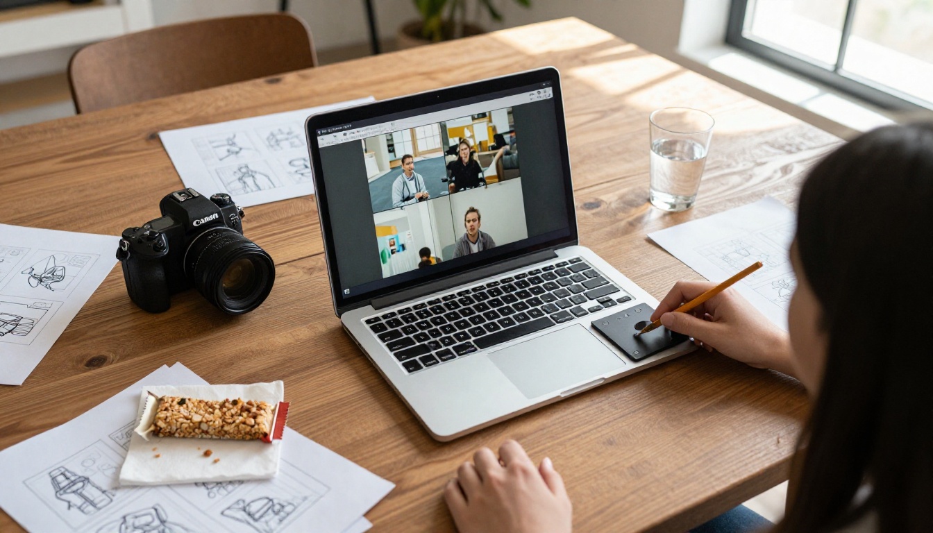 An aerial view of a filmmaker reviewing video footage on a laptop surrounded by storyboard notes and camera equipment