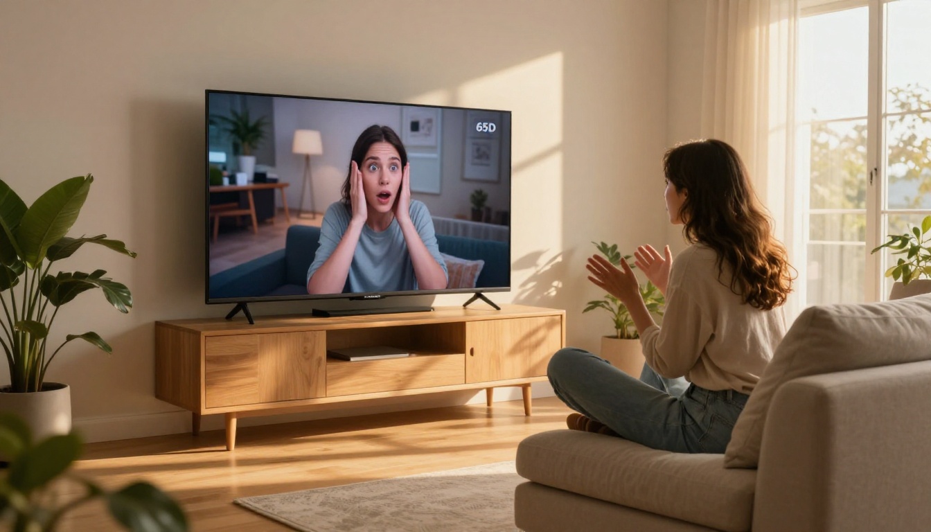 A young woman content creator watching stunning AI-generated video playback on a large screen in a sunlit modern apartment