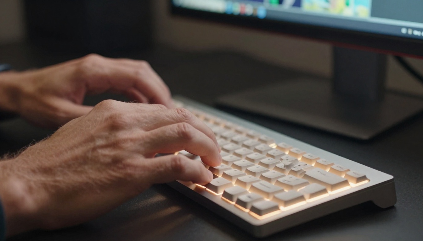 Hands typing a creative text prompt on keyboard