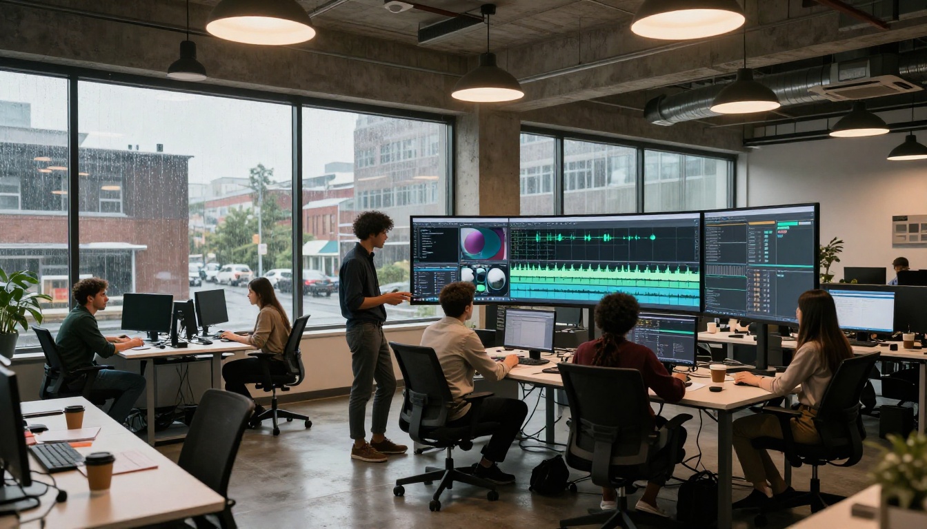 Diverse creative team reviewing video content in modern tech office