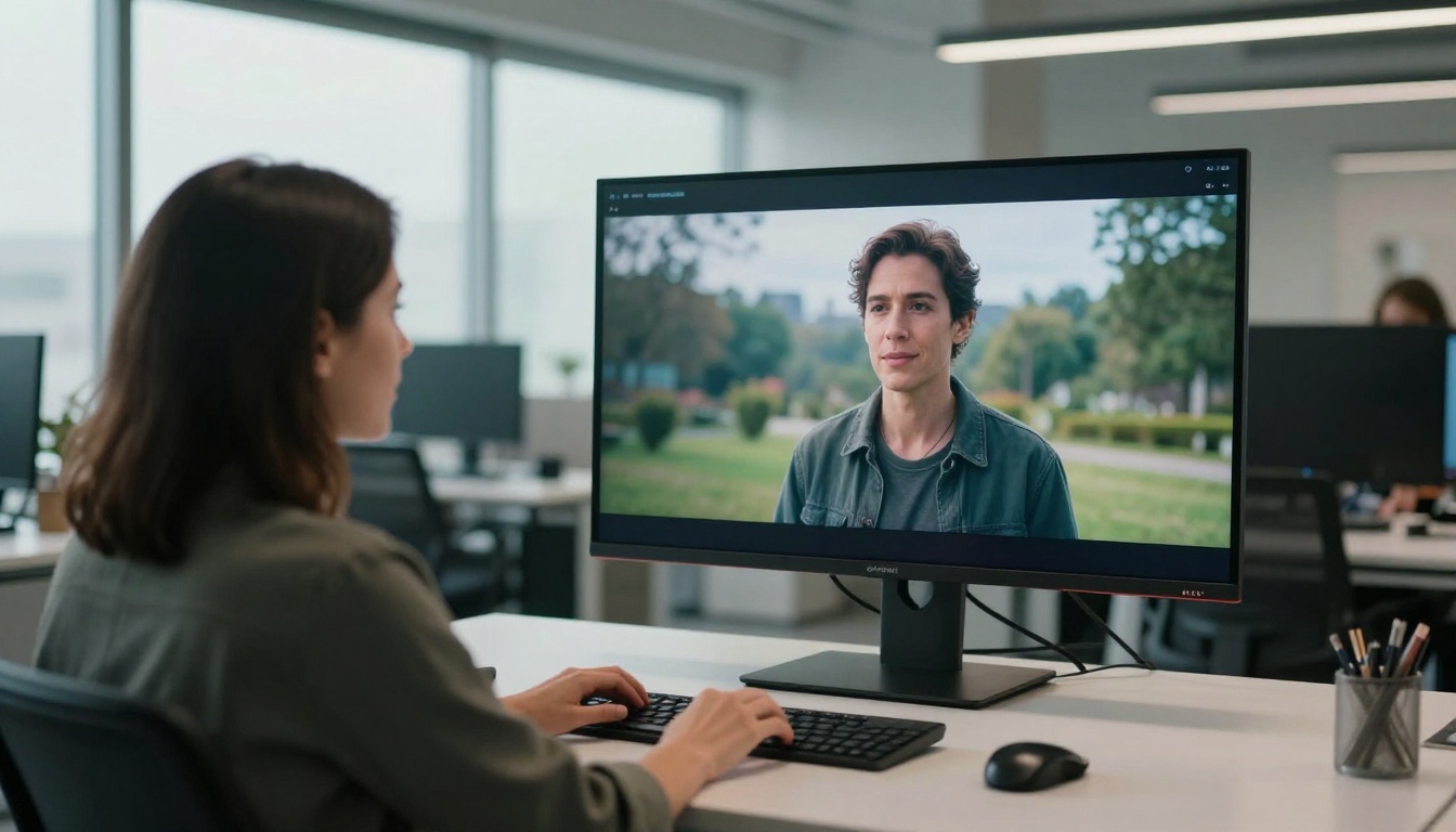 AI professional reviewing video output on monitor