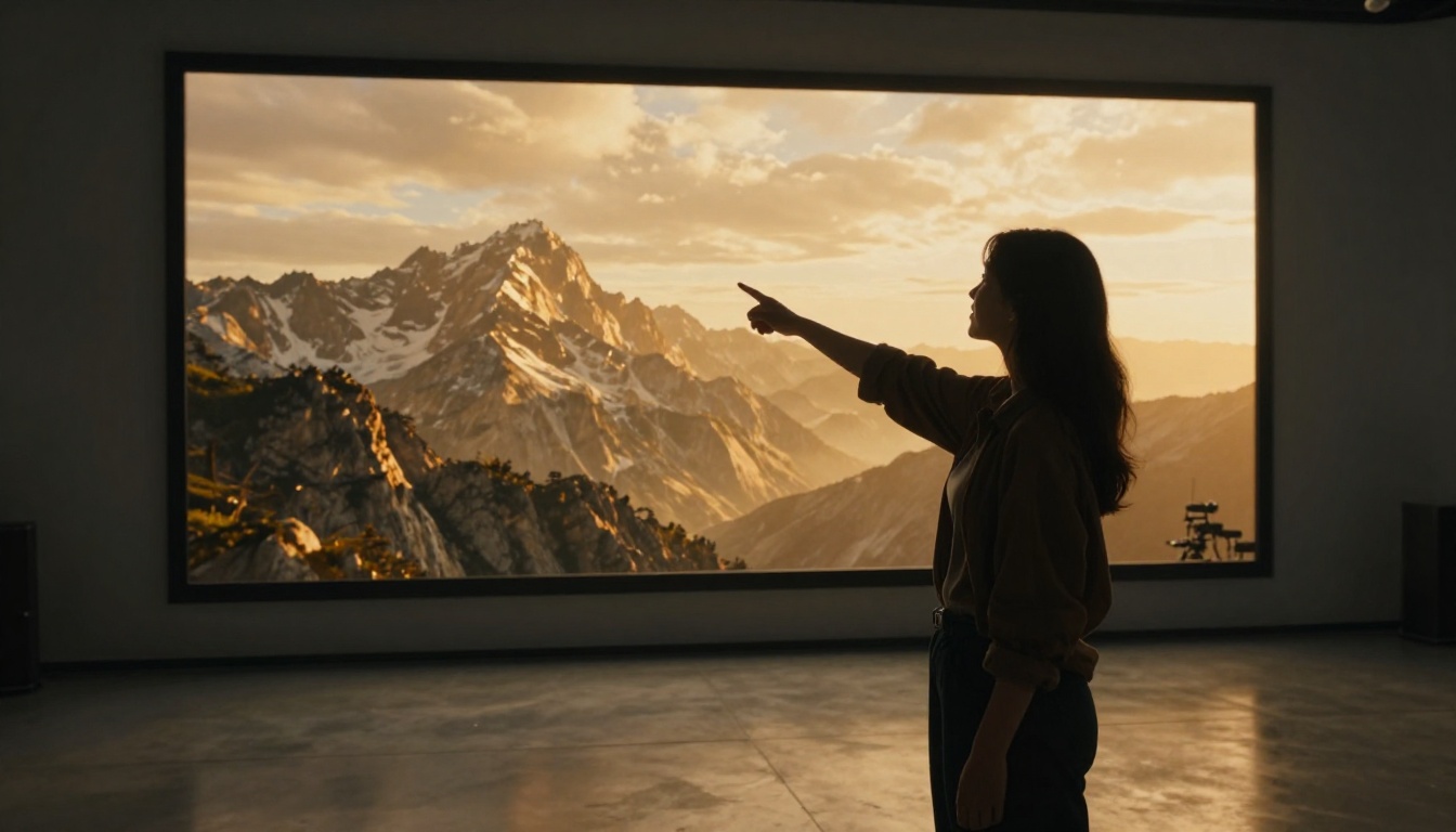 A young woman pointing at an AI-generated cinematic landscape displayed on a large studio monitor