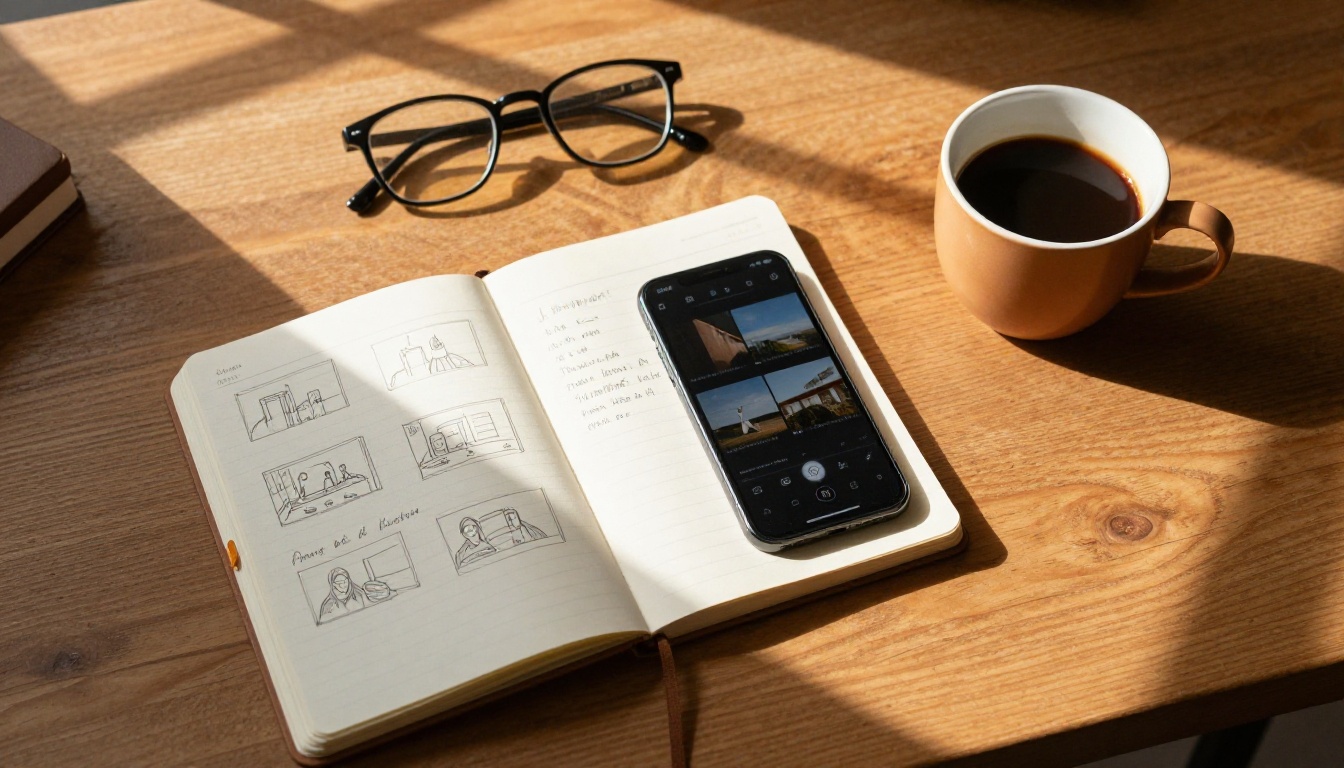 Overhead flat lay of video planning workspace