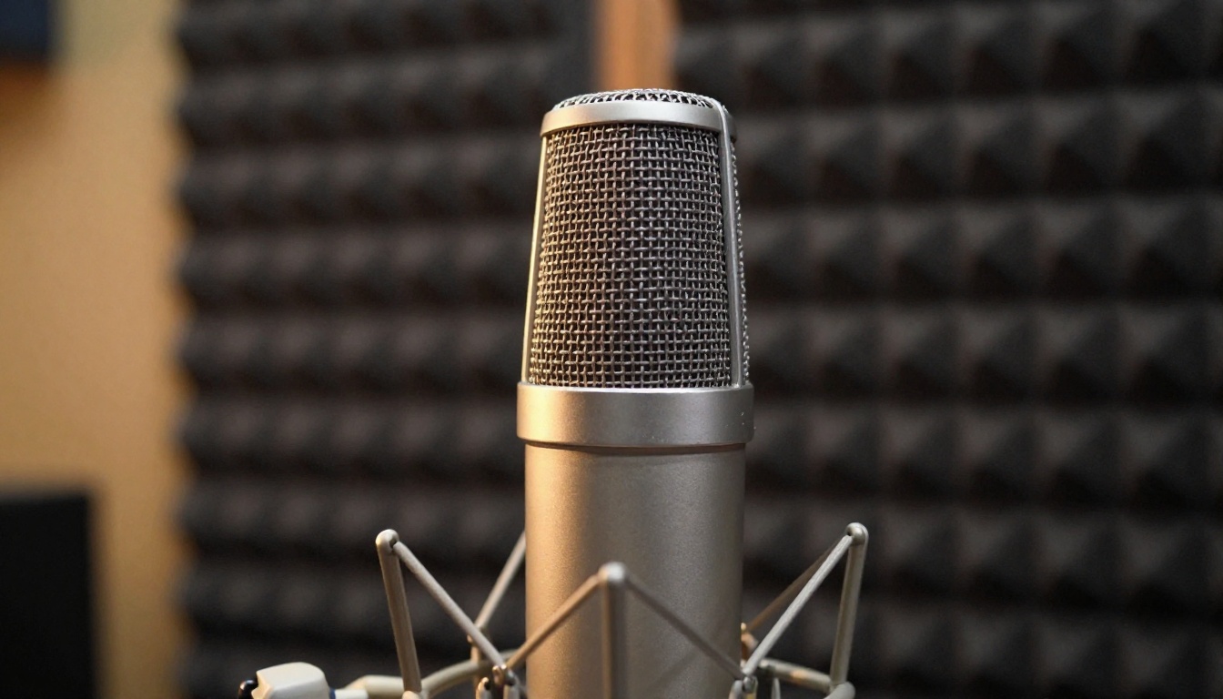 Professional condenser microphone close-up in acoustic sound booth