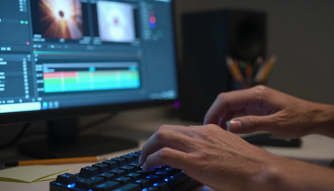 Extreme close-up of filmmaker hands on a backlit mechanical keyboard with video editing timeline visible on dual monitors in background