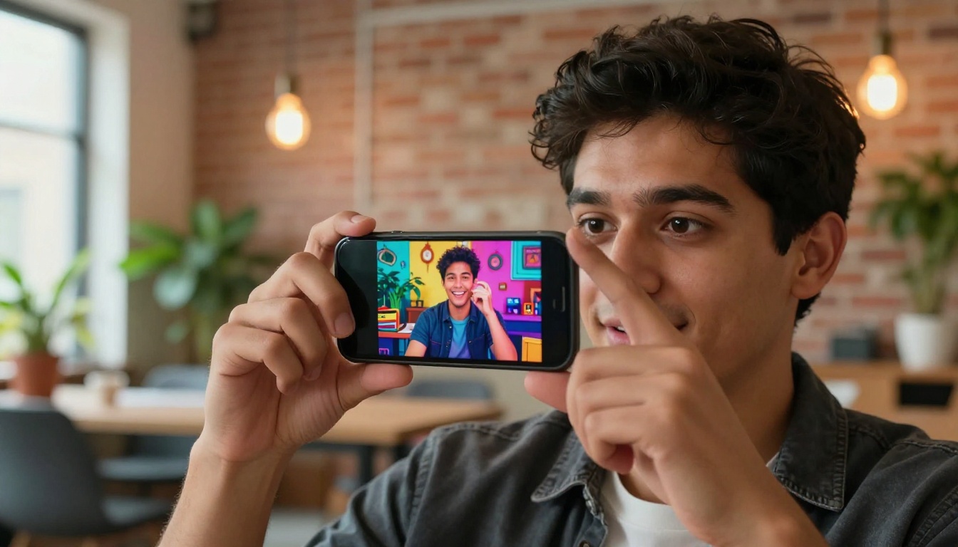 A young man watching an AI-generated video on his smartphone in a modern co-working space