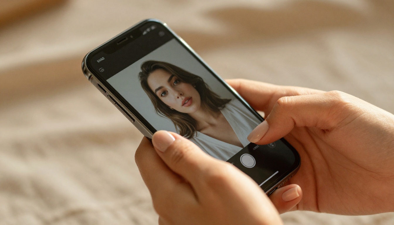 Hands holding smartphone displaying a portrait photo about to be animated by AI