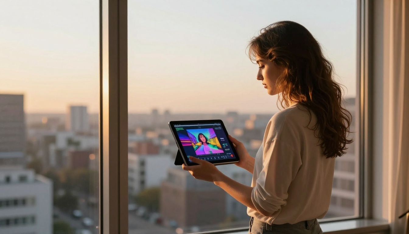 User reviewing AI video output by window