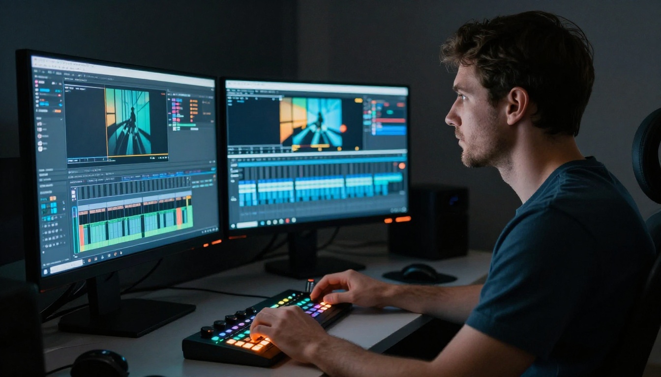 Professional video editor at color grading station with dual monitors