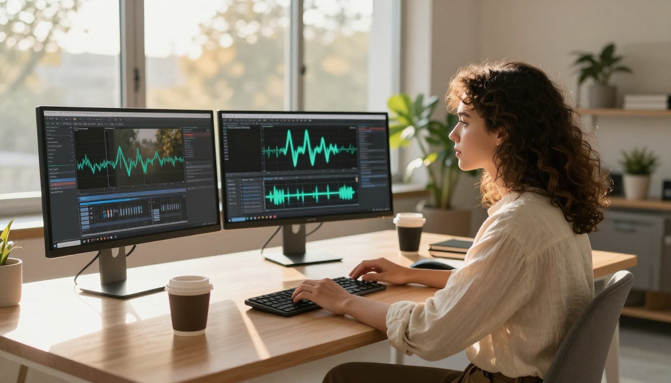 Content creator reviewing AI video outputs at a sunlit studio desk