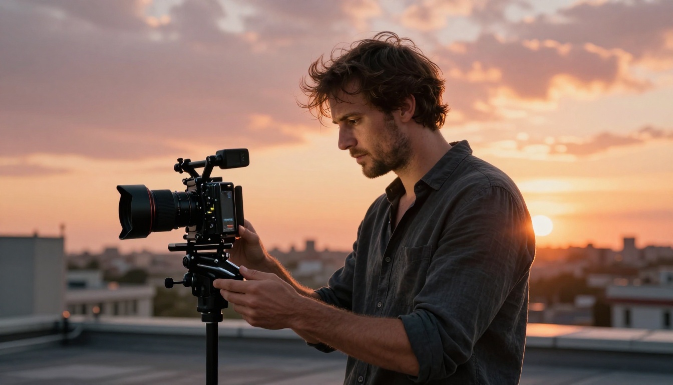 A male director reviewing video footage on a tablet outdoors on a rooftop at golden hour with cityscape in background