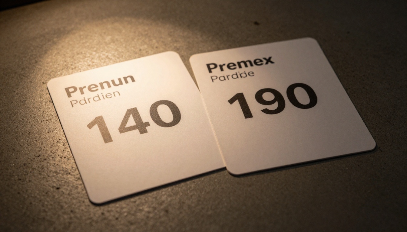 Two pricing comparison cards on a dark concrete surface with warm directional lighting