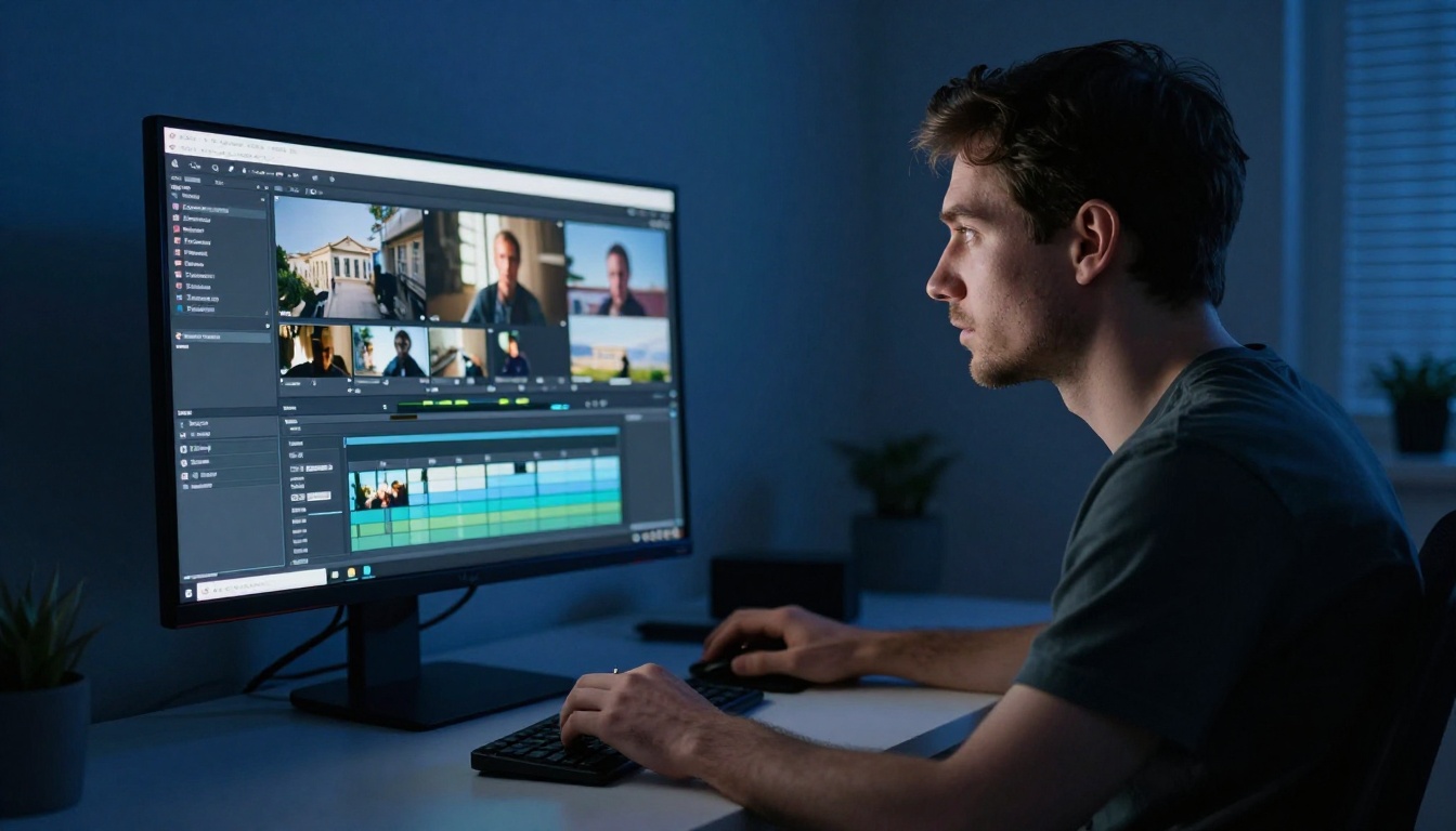 Man reviewing video editing timeline in dark studio